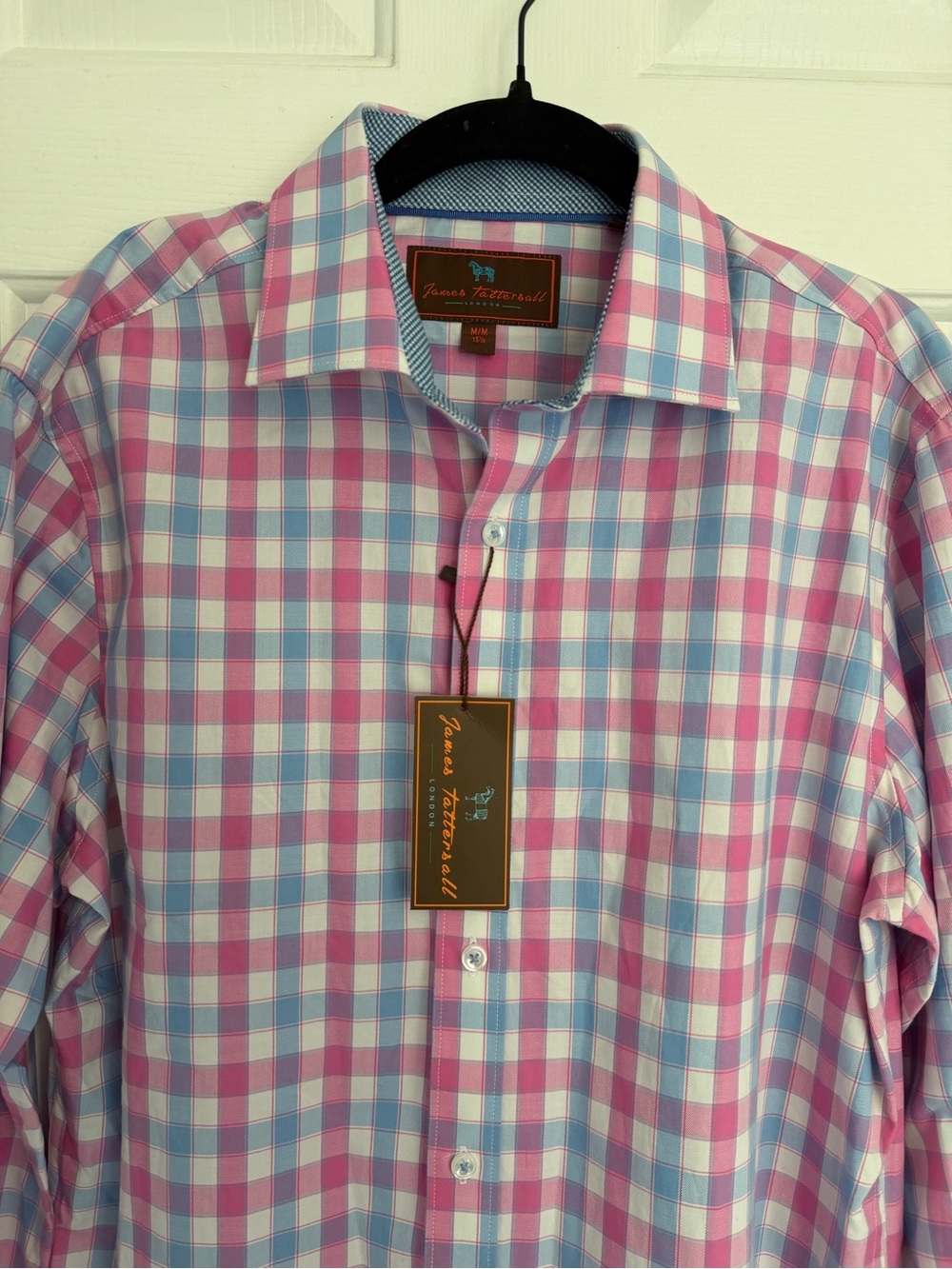 James Tattersall London Mens 15.5 Medium Pink Blue Plaid Dress Shirt NWT